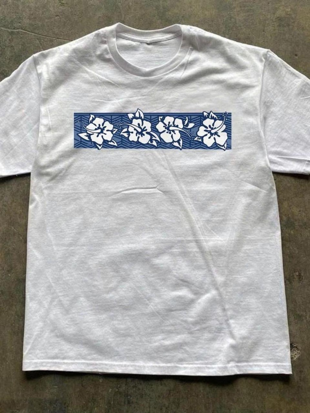 Gildan White Short Sleeve Tee with Blue Floral Chest Panel